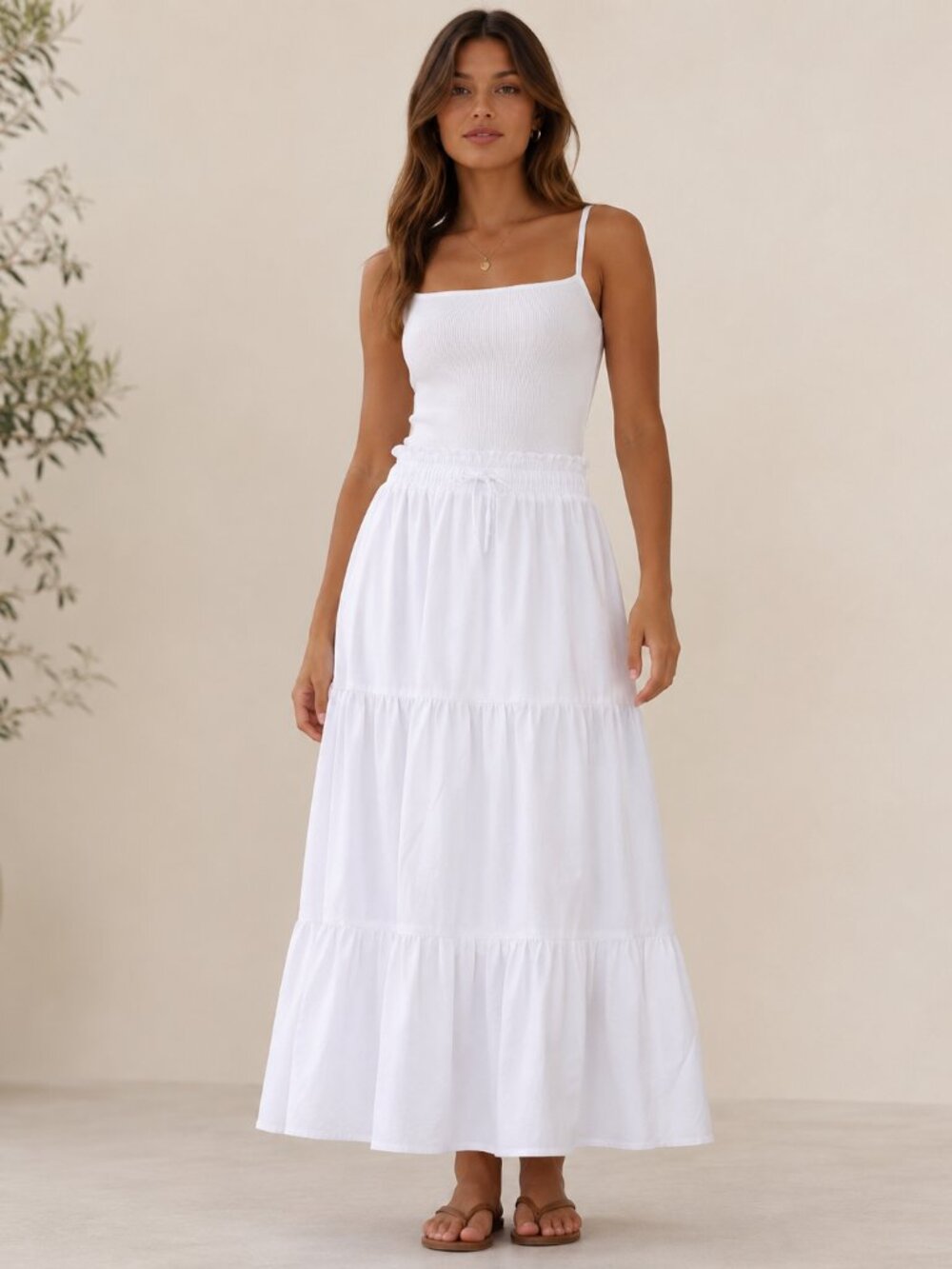New White Cotton Skirt Long Boho Flared Tiered Maxi Solid Plain Color Elasti